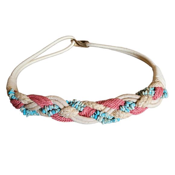 Womens 32" rope braided cord beaded belt gold fish hook closure turquoise - Picture 1 of 6